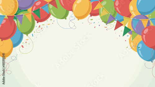 Bright multicolored balloons and party flags with scattered confetti on a soft cream colored background