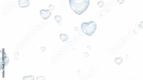 Heart-shaped bubbles floating gracefully against a pristine white background, creating a whimsical and romantic atmosphere.