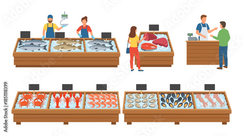 Fish market scene with seafood products and customers