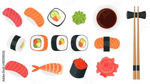 Fresh Sushi Platter with Nigiri and Maki Rolls on a White Background