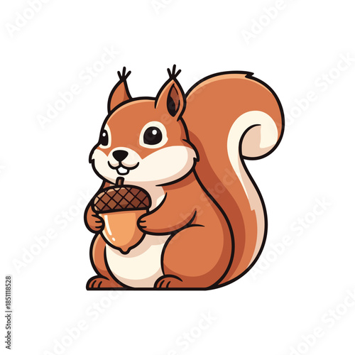 A cartoon squirrel holds an acorn, features brown fur and large curved tail