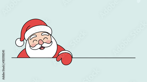 Cheerful Santa Claus character with a big smile peeking over a horizontal white line on a light blue
