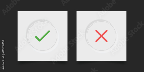 Minimalist Green Check Mark and Red Cross Vector Icons on White Square Buttons with Soft Shadow