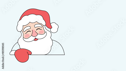 Cheerful Santa Claus head with a red hat peeking upwards on a soft blue background