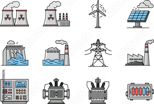 Renewable & Nuclear Energy Source Icons Power Generation Symbols