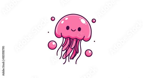 Cartoon jellyfish illustration with cute face and tentacles on white background