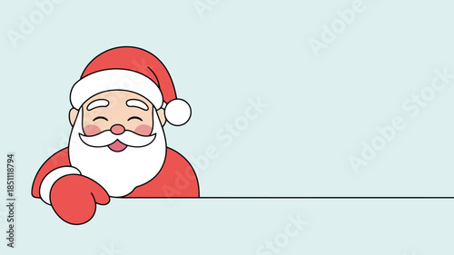 Cute cartoon Santa Claus smiling happily while peeking over a plain light blue background surface