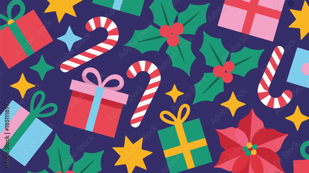 Obraz premium Festive Christmas celebration pattern with colorful wrapped presents, candy canes, and sparkling stars on dark blue
