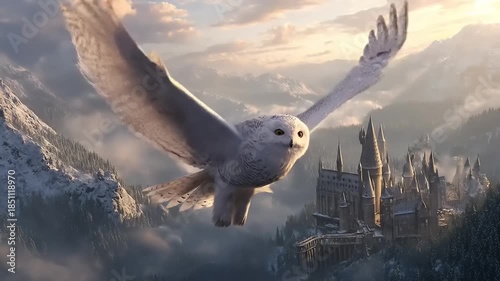 Snowy owl soars over mountain peaks and architectural structure