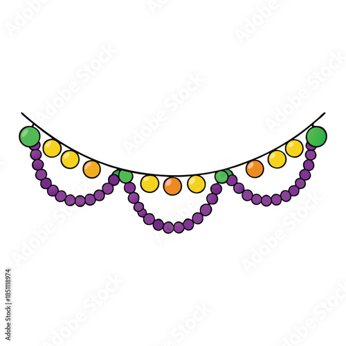 Colorful Mardi Gras bead garlands drape and sparkle, mixing purple, green, and gold as festive strands sway, catching light and spreading carnival joy.
