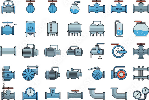 Set of vector icons for pipes, valves, pumps, and tanks in a flat style