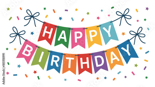 Festive happy birthday pennant banner with lively colors, scattered confetti, and a light grey backdrop