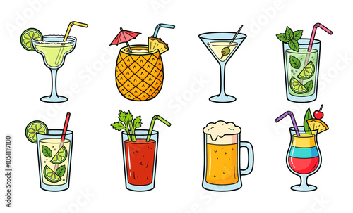 Assortment of cartoon alcoholic cocktails beverages and beer