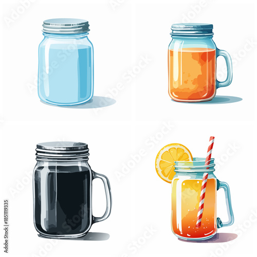 Glass jars with various liquids and fruit slices isolated against a white background for food and drink concepts