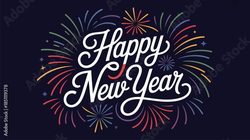 Happy New Year white script message centered within a vibrant explosion of colorful small fireworks on dark blue
