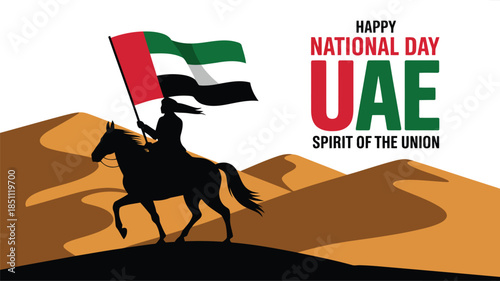 Patriotic illustration for UAE National Day showing a person on horseback carrying the national flag near desert dunes