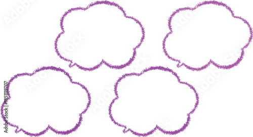紫の少しずつ色が異なる吹き出しセット。雲の形のクレヨンで描かれたふきたし。かわいい手描き風。