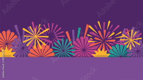 Radiant burst shapes and stylized floral elements brightly illuminate the center of a rich purple canvas