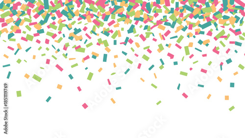 Scattered small rectangular pieces of multicolored confetti gently fall from the top of a bright white area