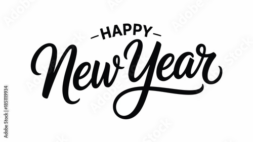 Stylish black script text spelling Happy New Year with an accompanying dash on a plain white surface