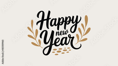 Stylized Happy New Year lettering featuring golden botanical accents on a soft beige background