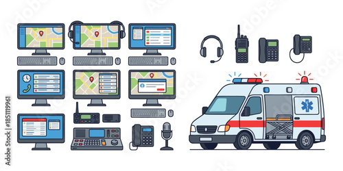 Emergency dispatcher control room and ambulance for medical rescue