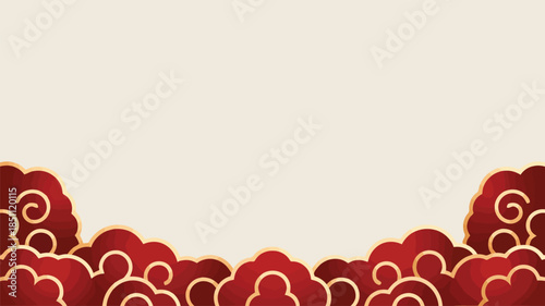 Traditional Chinese red auspicious clouds with golden borders on a light beige background frame the bottom