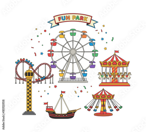 Amusement park fun fair rides and attractions vector illustration