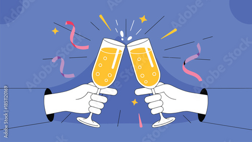 Two gloved hands in blue sleeves making a festive toast with sparkling champagne flutes together
