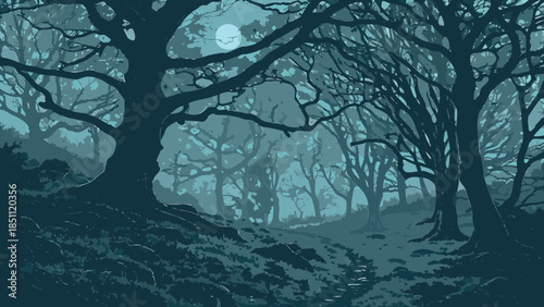 Atmospheric Night Forest Landscape with Misty Fog, Gnarled Trees, and Full Moon