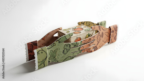 An Artistic presentation of food display with creative hands in a paper craft style. Evoking culinary art and design aesthetics. 