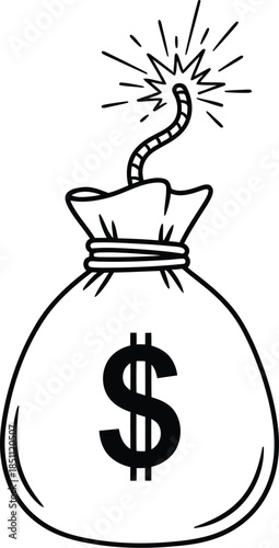 A money bag with a dollar sign on it featuring a lit bomb fuse sparking from the top