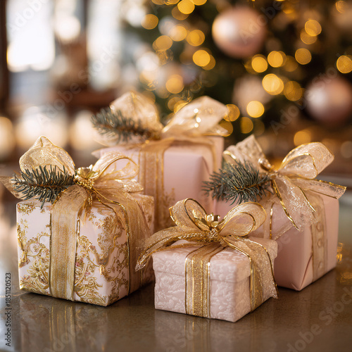 Elegant gift boxes with gold ribbons on green foliage, set in a warmly lit room with large windows, creating a festive atmosphere.

