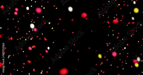 Colorful rose petals sway in the wind. Isolated on black background. 4K 3D rendering loop animation.