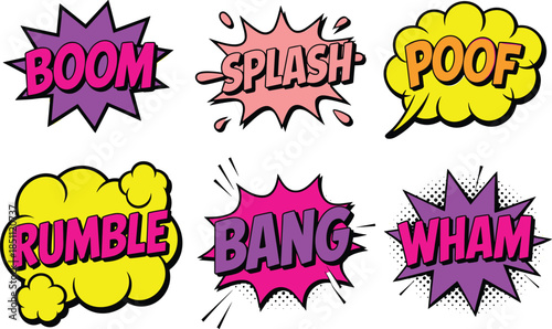 Comic sound effects illustration set, boom splash bang wham poof rumble, pop art explosions, vintage comic style design