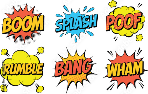 Comic sound effects illustration set, boom splash bang wham poof rumble, pop art explosions, vintage comic style design