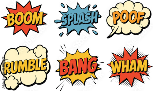 Comic sound effects illustration set, boom splash bang wham poof rumble, pop art explosions, vintage comic style design
