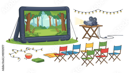 Outdoor cinema setup with inflatable screen and projector