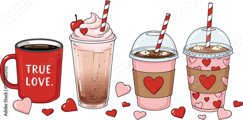 Set of different fresh fruit smoothies and sweet desserts featuring strawberry milkshakes, red berry juices, and creamy yogurt cocktails in glass cups with ice isolated on white