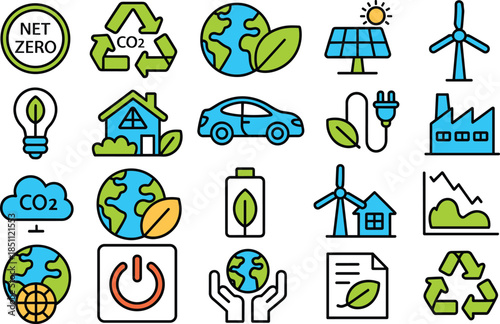 Sustainability and renewable energy icon set with net zero recycling and eco technology symbols, environmental flat vector illustration