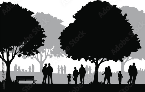 park silhouette family and friends gathering under trees in vector