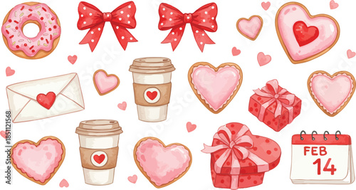 A seamless pattern design featuring a decorative set of red and pink heart icons and romantic vector shapes for a Valentine's Day celebration card background