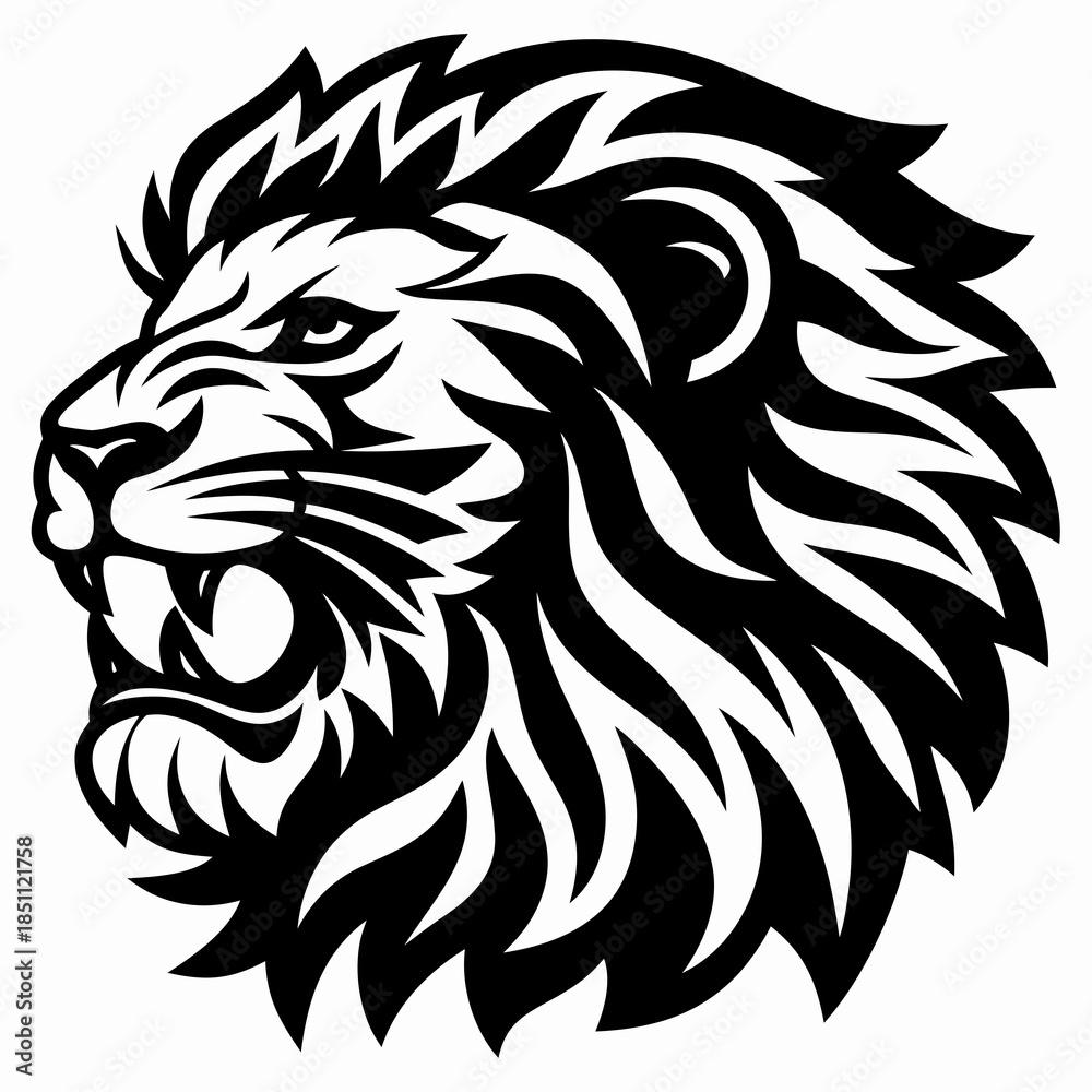 Obraz premium Fierce Lion Head in a Bold Black and White Vector Illustration