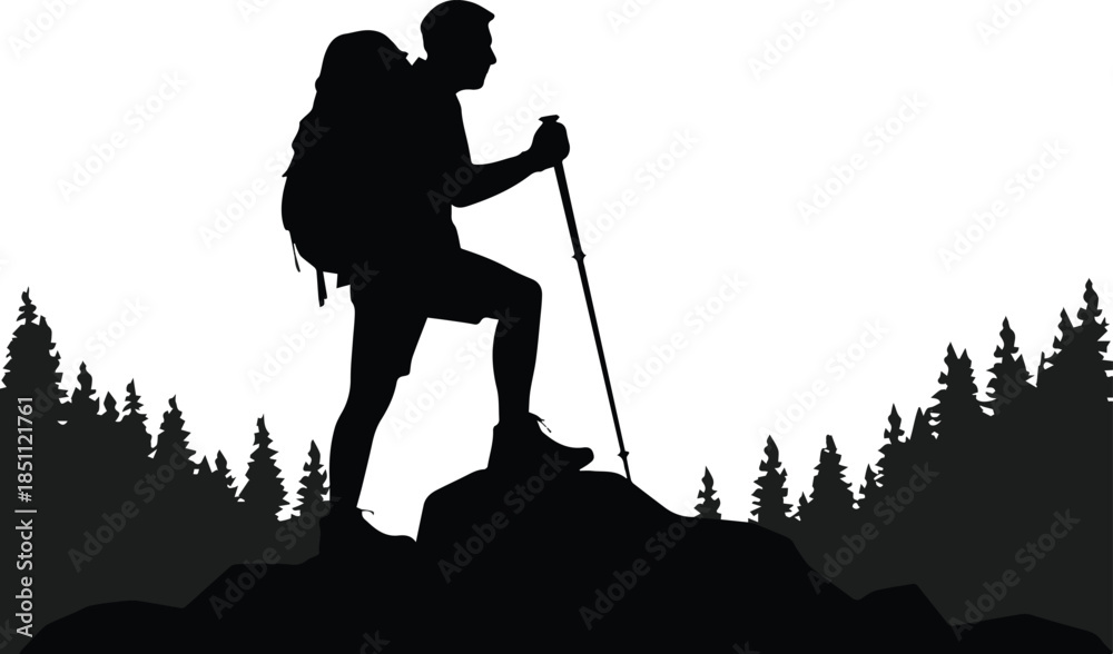 Fototapeta premium hiker backpacker pausing at viewpoint among pine tree silhouettes