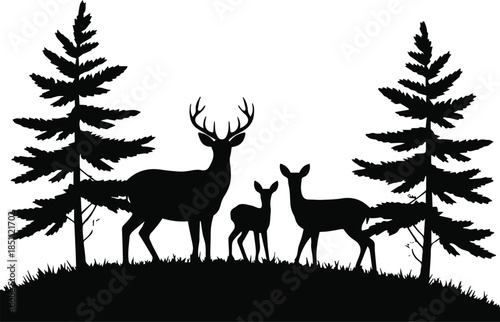deer forest silhouette family group with antler stag and fawn