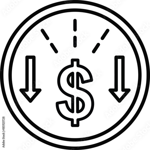 Financial icon showing a dollar sign with downward arrows in a circle for cost reduction