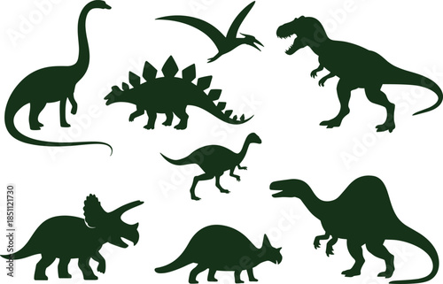 Dinosaur silhouette icon set with tyrannosaurus stegosaurus and flying reptiles, prehistoric animal collection in black vector style