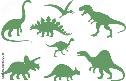 Dinosaur silhouette icon set with tyrannosaurus stegosaurus and flying reptiles, prehistoric animal collection in black vector style