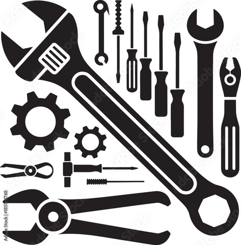 Mechanic Tools Icon Set | Wrench and Screwdriver Repair Symbols, Black and White Vector Illustration