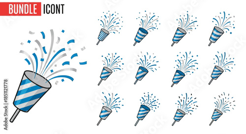 Blue Party Popper Icon Set Illustration.